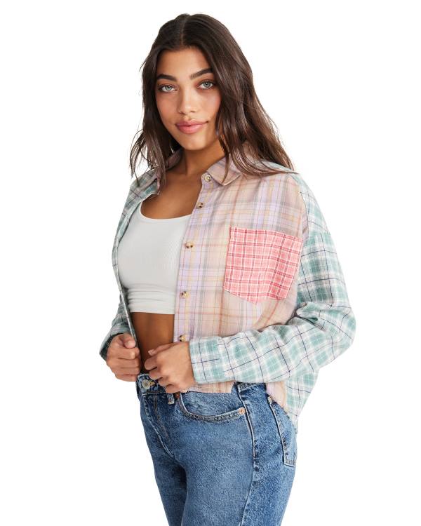 Steve Madden Mixed Plaid Button Down Women\'s Tops Pink Multicolor | SM-145VG