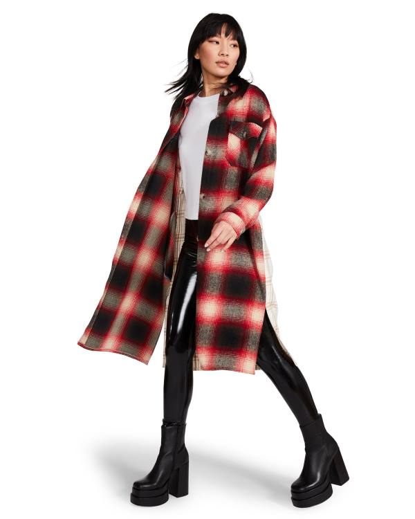 Steve Madden Mixed Plaid Duster Women's Jackets Red | SM-016SQ