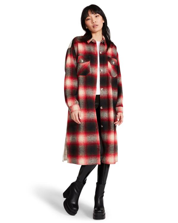 Steve Madden Mixed Plaid Duster Women's Jackets Red | SM-016SQ