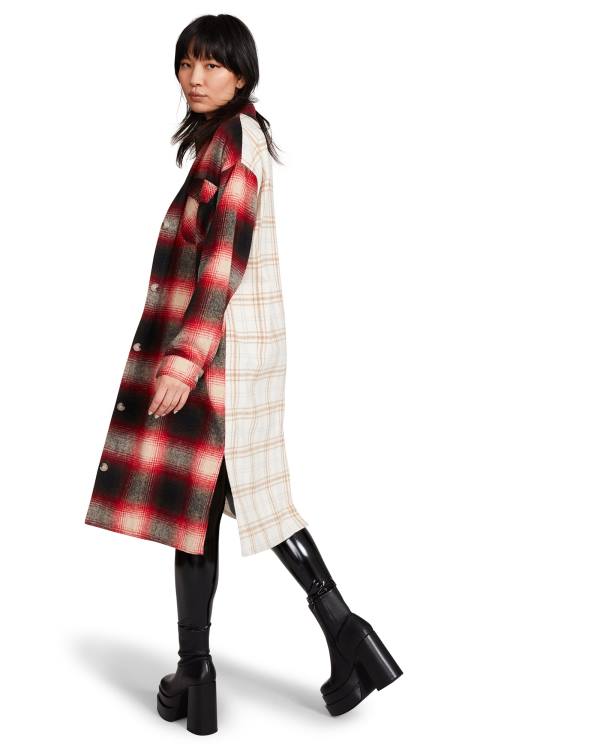 Steve Madden Mixed Plaid Duster Women's Jackets Red | SM-016SQ