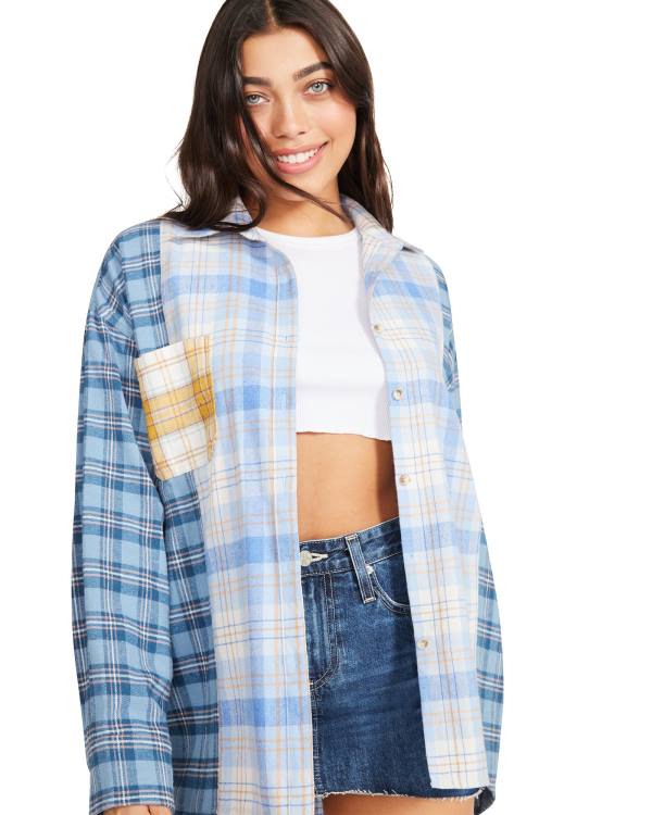 Steve Madden Multi Plaid Women's Tops Blue Multicolor | SM-608JZ