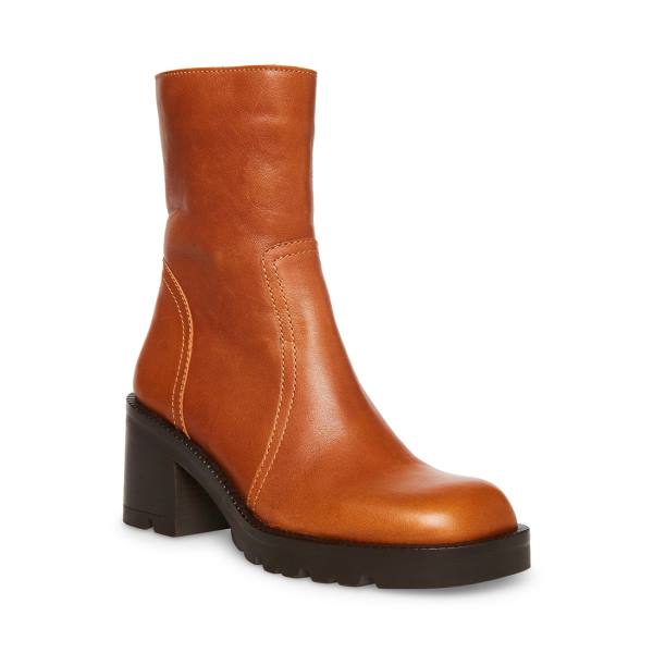 Steve Madden Naya Cognac Leather Women's Booties Brown | SM-076MY