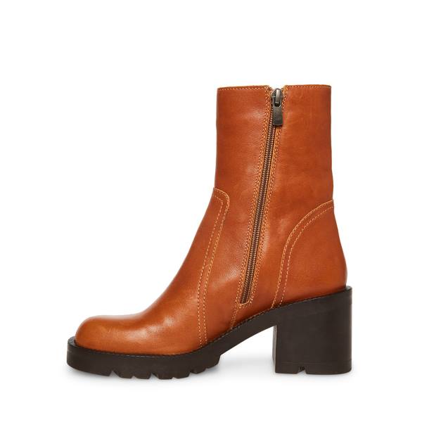 Steve Madden Naya Cognac Leather Women's Booties Brown | SM-076MY