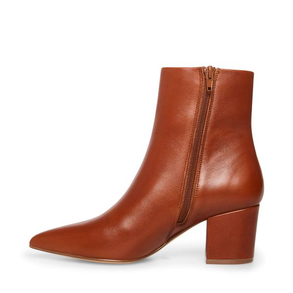 Steve Madden Ossie Cognac Leather Women's Booties Brown | SM-420GR