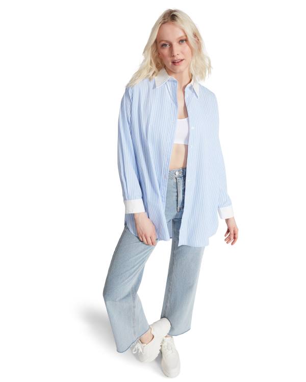 Steve Madden Oversized Button Up Women's Tops Blue | SM-480HY