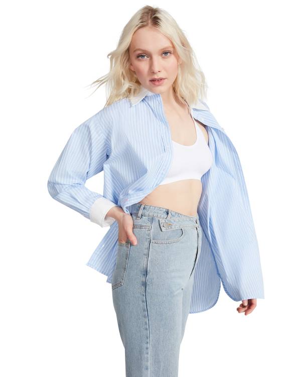 Steve Madden Oversized Button Up Women's Tops Blue | SM-480HY