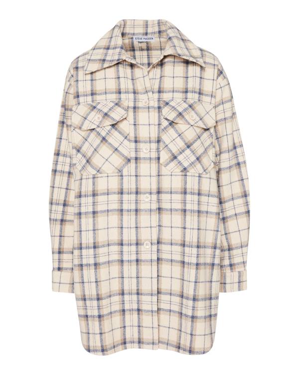 Steve Madden Oversized Plaid Flannel Taupe Women's Tops Grey Brown | SM-815XA