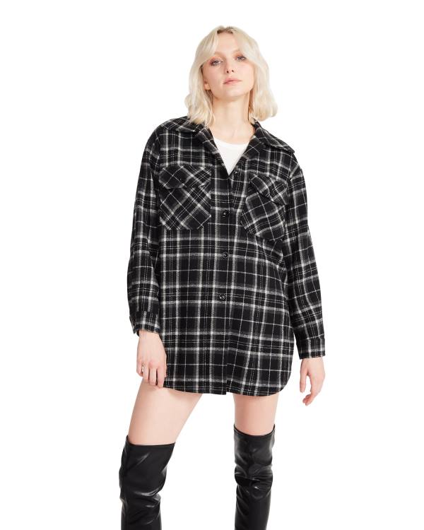 Steve Madden Oversized Plaid Flannel Women's Tops Black | SM-159AM