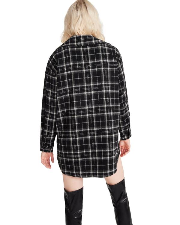 Steve Madden Oversized Plaid Flannel Women's Tops Black | SM-159AM