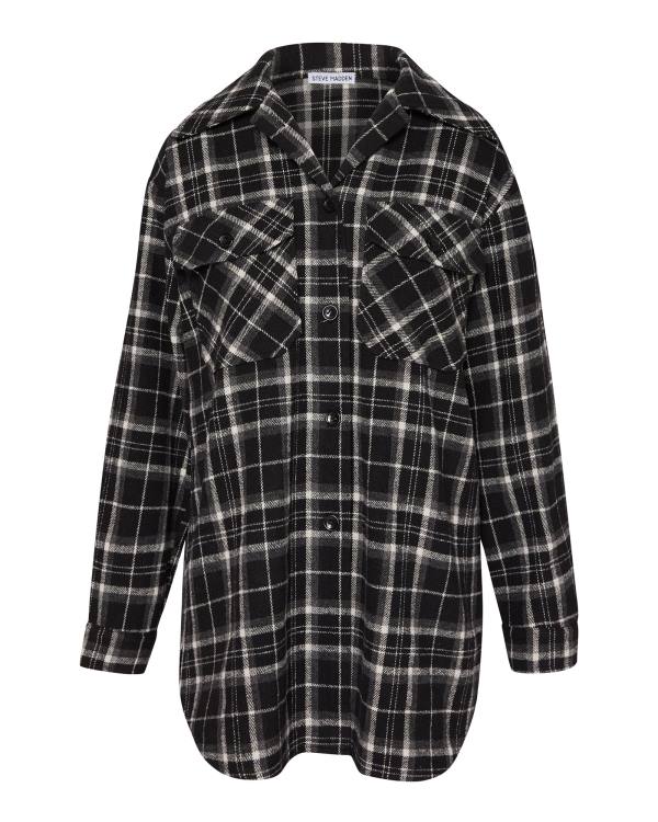 Steve Madden Oversized Plaid Flannel Women's Tops Black | SM-159AM