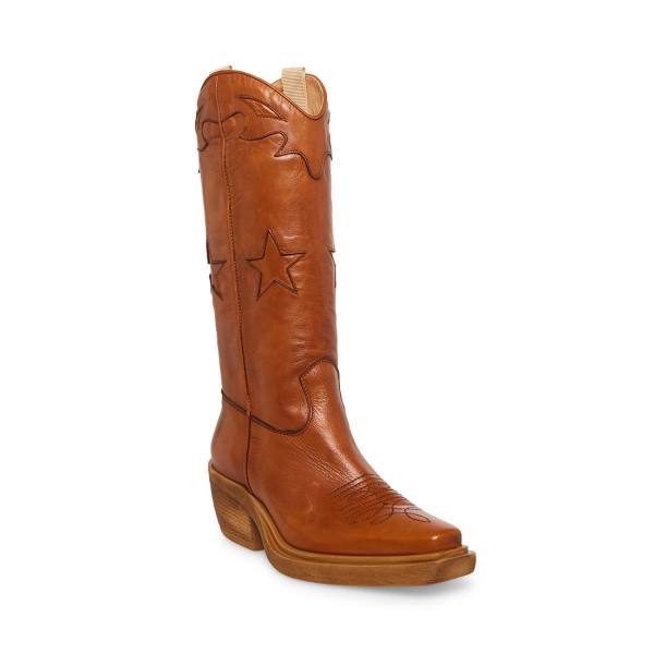 Steve Madden Peyton Cognac Leather Women's Boots Brown | SM-214QX