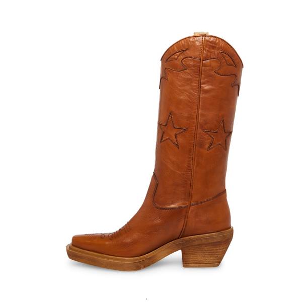 Steve Madden Peyton Cognac Leather Women's Boots Brown | SM-214QX