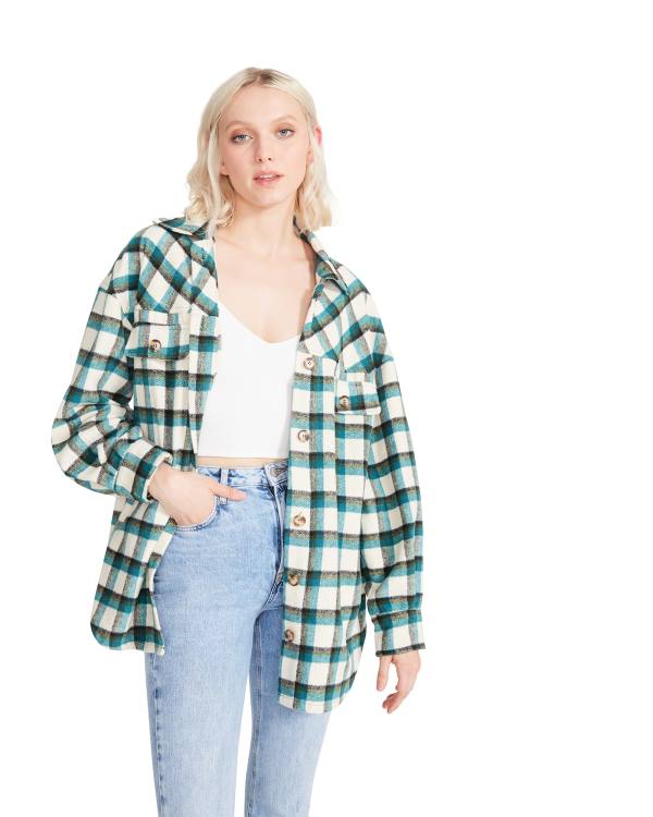 Steve Madden Plaid Button Down Women's Tops Green | SM-816TD