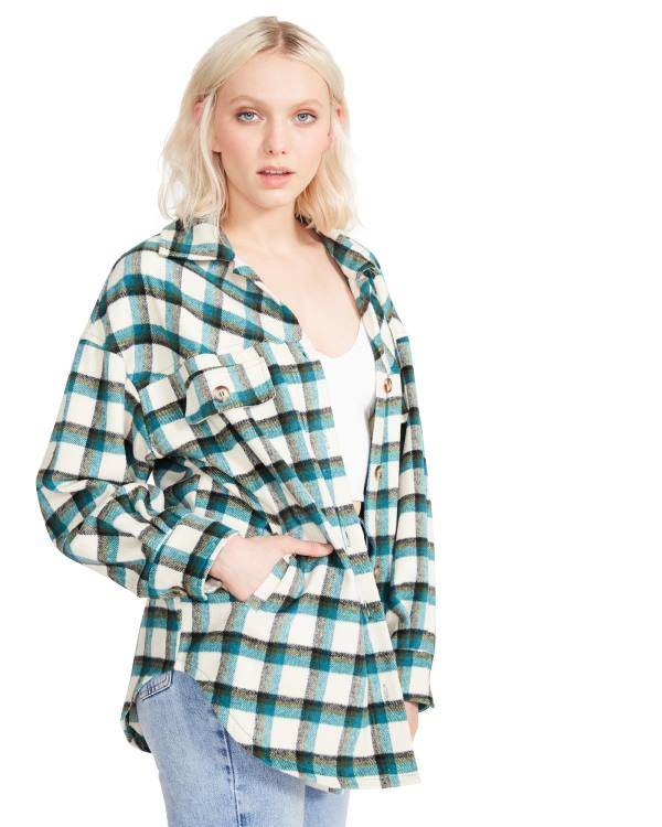 Steve Madden Plaid Button Down Women's Tops Green | SM-816TD