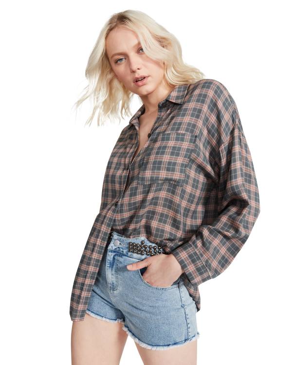 Steve Madden Plaid Flannel Women's Tops Dark Grey | SM-245ZU