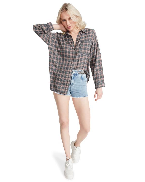 Steve Madden Plaid Flannel Women's Tops Dark Grey | SM-245ZU