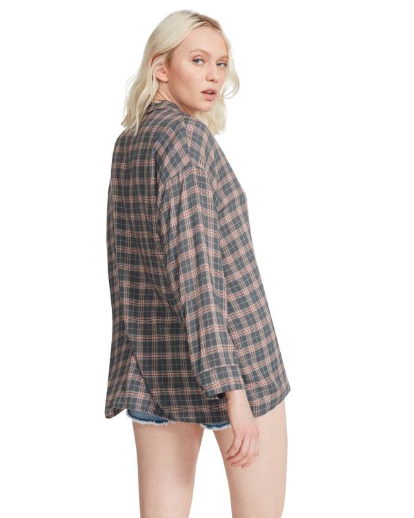 Steve Madden Plaid Flannel Women's Tops Dark Grey | SM-245ZU