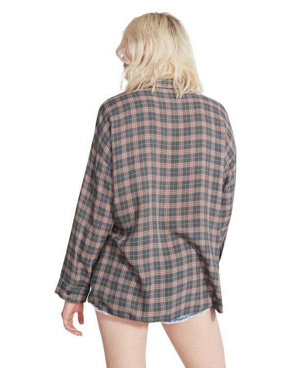 Steve Madden Plaid Flannel Women's Tops Dark Grey | SM-245ZU