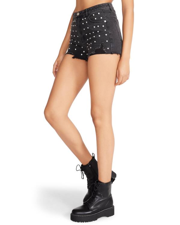 Steve Madden Rhinestone Distressed Denim Women's Shorts Black | SM-764LE