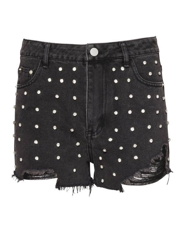 Steve Madden Rhinestone Distressed Denim Women's Shorts Black | SM-764LE