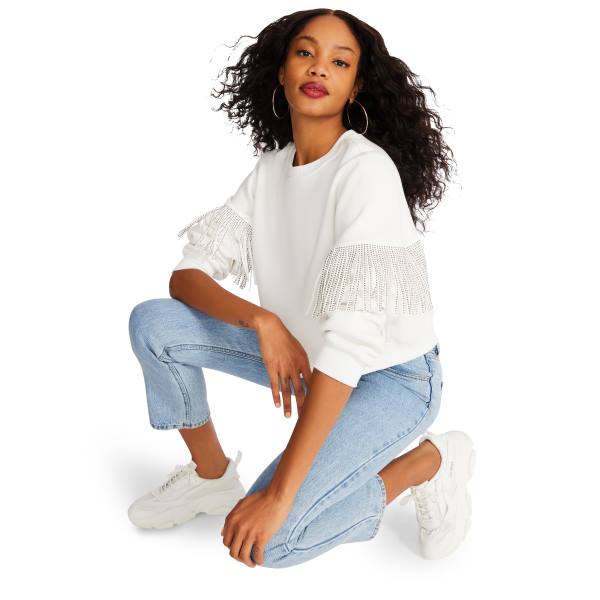 Steve Madden Rhinestone Fringe Crew Neck Women's Tops White | SM-257TB