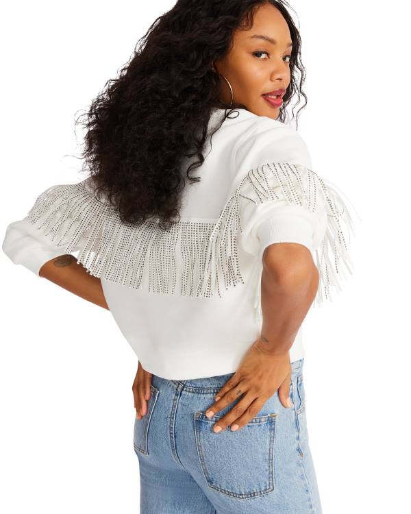 Steve Madden Rhinestone Fringe Crew Neck Women's Tops White | SM-257TB