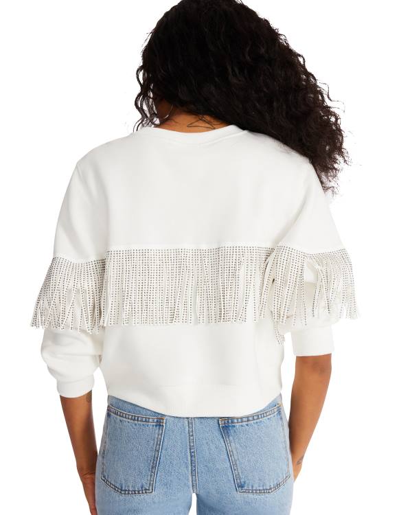 Steve Madden Rhinestone Fringe Crew Neck Women's Tops White | SM-257TB