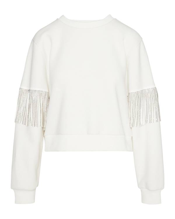 Steve Madden Rhinestone Fringe Crew Neck Women's Tops White | SM-257TB