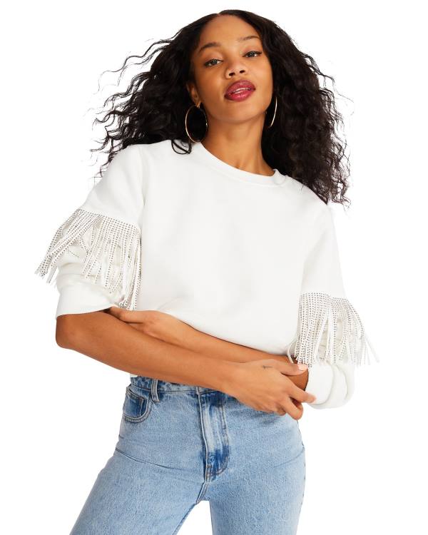 Steve Madden Rhinestone Fringe Crew Neck Women\'s Tops White | SM-257TB