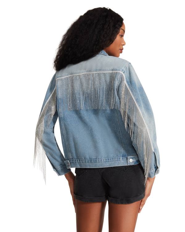 Steve Madden Rhinestone Fringe Denim Women's Jackets Blue | SM-251VK