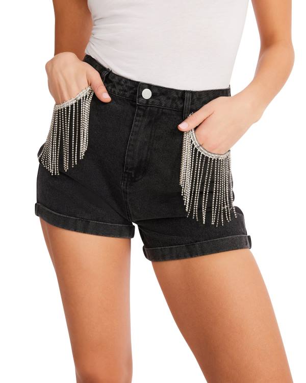 Steve Madden Rhinestone Fringe Women's Shorts Black | SM-517QK