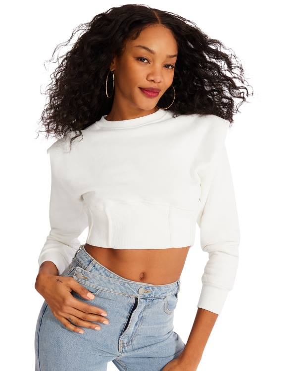 Steve Madden Shoulder Pad Crew Neck Women\'s Tops White | SM-890OZ