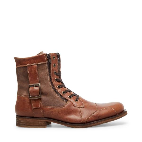 Steve Madden Sidetrack Cognac Leather Men\'s Boots Brown | SM-847BK