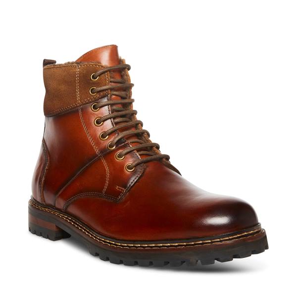 Steve Madden Strategyy Cognac Leather Men's Boots Brown | SM-904UX