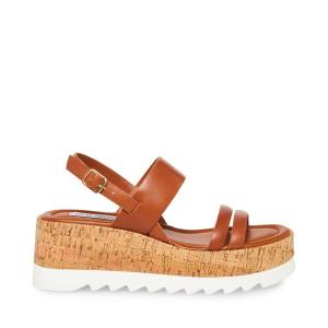 Steve Madden Athena Cognac Leather Women's Sandals Brown | SM-951UE