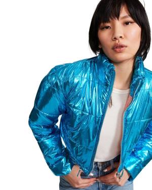 Steve Madden Cropped Metallic Puffer Women's Jackets Blue | SM-189NL