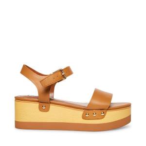 Steve Madden Domenica Cognac Leather Women's Sandals Brown | SM-290KT