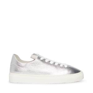 Steve Madden Dorey Leather Women's Sneakers Silver | SM-396SO