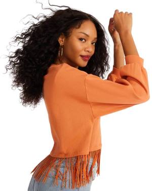 Steve Madden Fringe Crew Neck Women's Tops Orange | SM-023NM