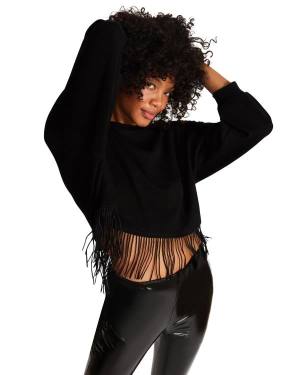 Steve Madden Fringe Crew Neck Women's Tops Black | SM-362VQ