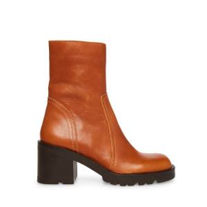 Steve Madden Naya Cognac Leather Women's Booties Brown | SM-076MY