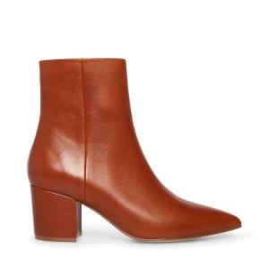 Steve Madden Ossie Cognac Leather Women's Booties Brown | SM-420GR