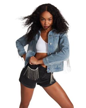 Steve Madden Rhinestone Fringe Denim Women's Jackets Blue | SM-251VK